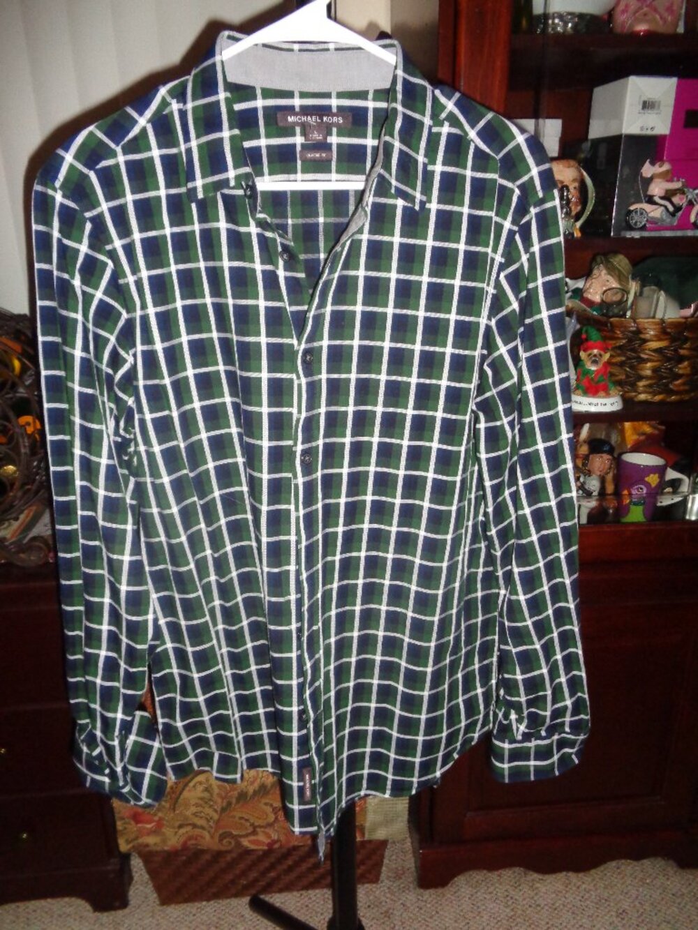 Michael Kors Mens Long Sleeve Blue Green White Check Shirt Size Large